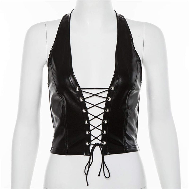 FlyCC Women's Adjustable Spaghetti Straps PU Leather Bustier Crop Tube Top Black - Image 3